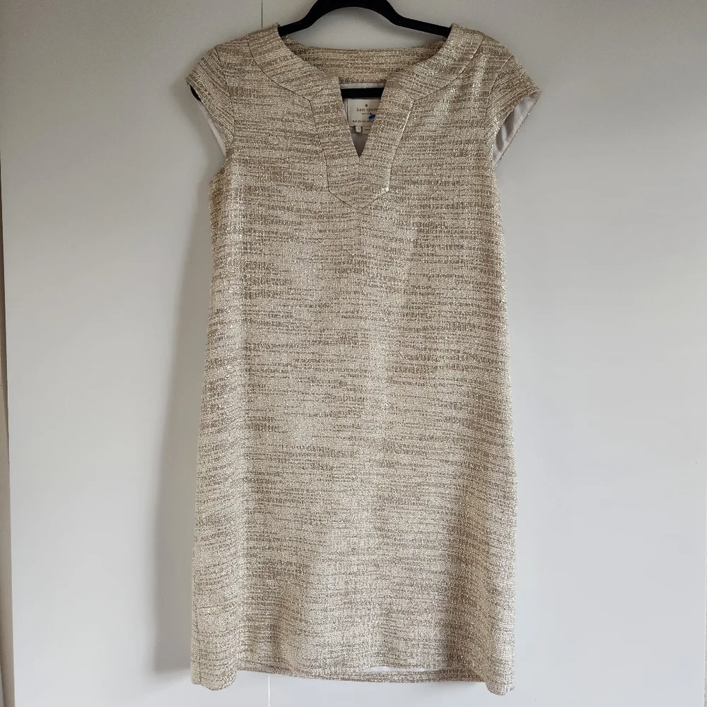 Kate Spade Heleen Gold Metallic Tweed Cocktail Dress Size 6 Wedding Guest Shift